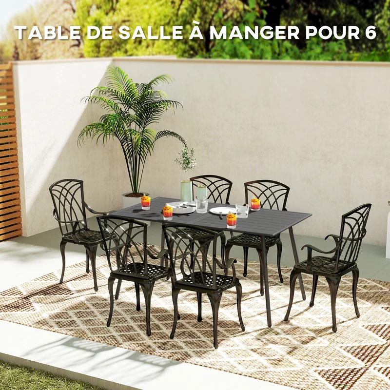 Table à manger de jardin 150 x 80 x 74 cm 6 personnes plateau à lattes drainant antirouille design épuré en acier gris 21_0005268