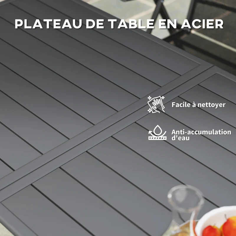 Table à manger de jardin 150 x 80 x 74 cm 6 personnes plateau à lattes drainant antirouille design épuré en acier gris 21_0005268