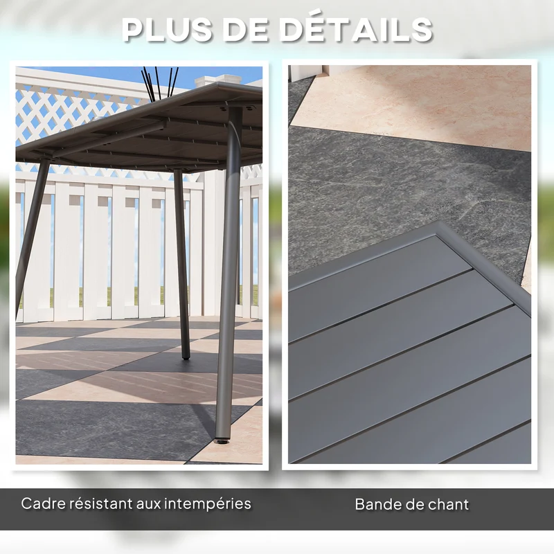 Table à manger de jardin 150 x 80 x 74 cm 6 personnes plateau à lattes drainant antirouille design épuré en acier gris 21_0005268