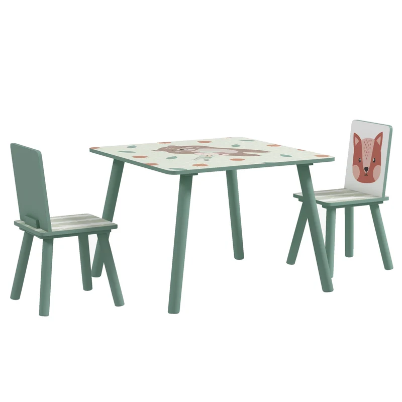 Table et 2 chaises pour enfants salle de jeux 60 x 60 x 44 cm bords arrondis assise ergonomique scandinave en MDF vert 21_0000201