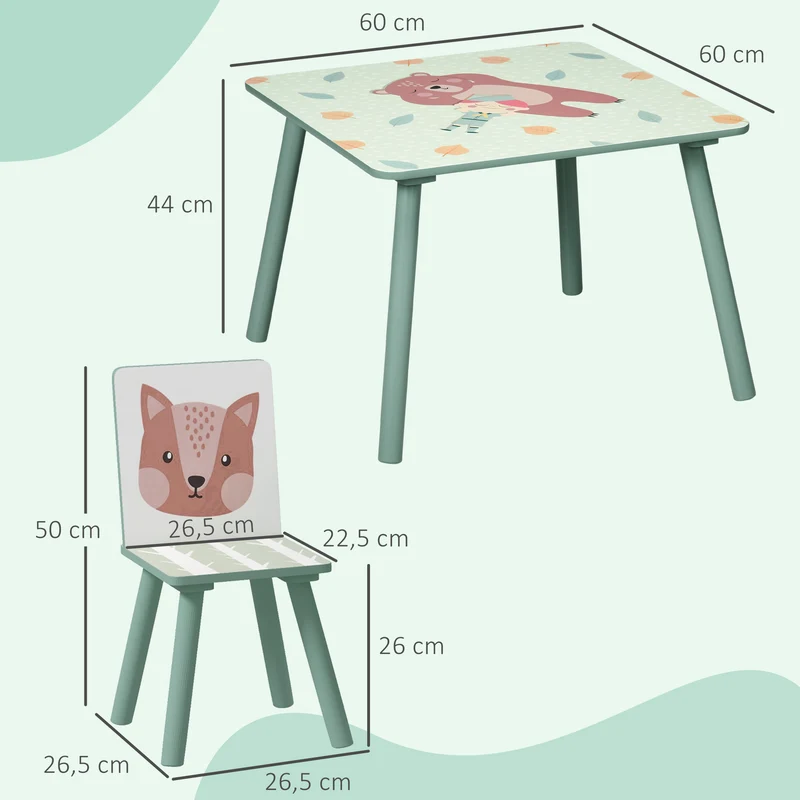 Table et 2 chaises pour enfants salle de jeux 60 x 60 x 44 cm bords arrondis assise ergonomique scandinave en MDF vert 21_0000201
