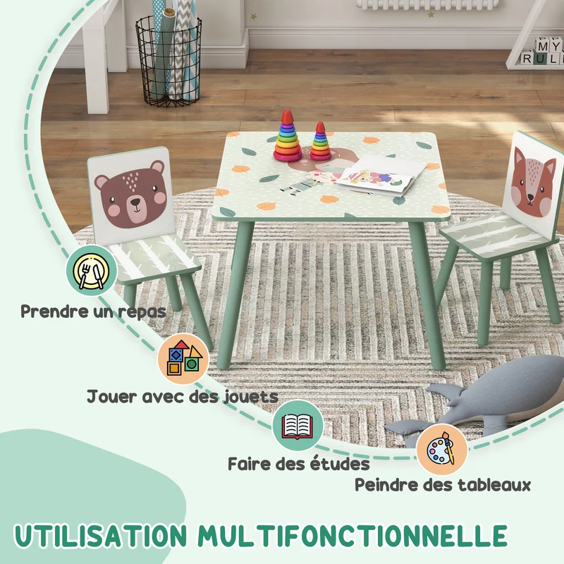 Table et 2 chaises pour enfants salle de jeux 60 x 60 x 44 cm bords arrondis assise ergonomique scandinave en MDF vert 21_0000201