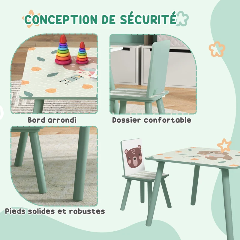 Table et 2 chaises pour enfants salle de jeux 60 x 60 x 44 cm bords arrondis assise ergonomique scandinave en MDF vert 21_0000201