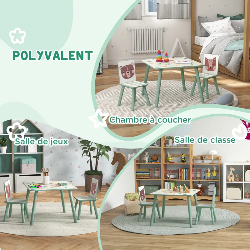 Table et 2 chaises pour enfants salle de jeux 60 x 60 x 44 cm bords arrondis assise ergonomique scandinave en MDF vert 21_0000201
