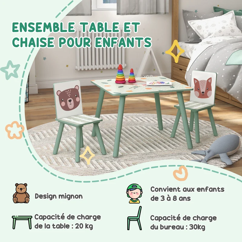 Table et 2 chaises pour enfants salle de jeux 60 x 60 x 44 cm bords arrondis assise ergonomique scandinave en MDF vert 21_0000201