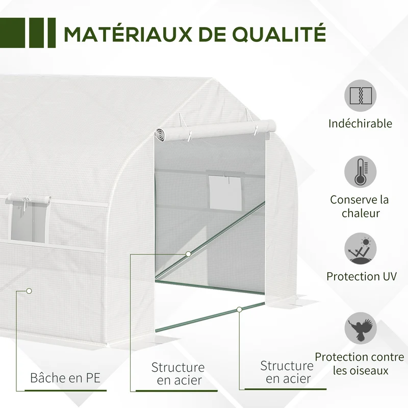 Serre tunnel de jardin 5,95 x 3 x 2 m protection anti-uv et ventilation réglable moderne épuré en acier galvanisé blanc 21_0004018