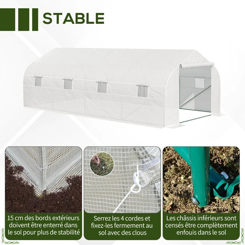 Serre tunnel de jardin 5,95 x 3 x 2 m protection anti-uv et ventilation réglable moderne épuré en acier galvanisé blanc 21_0004018