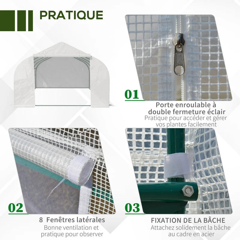 Serre tunnel de jardin 5,95 x 3 x 2 m protection anti-uv et ventilation réglable moderne épuré en acier galvanisé blanc 21_0004018