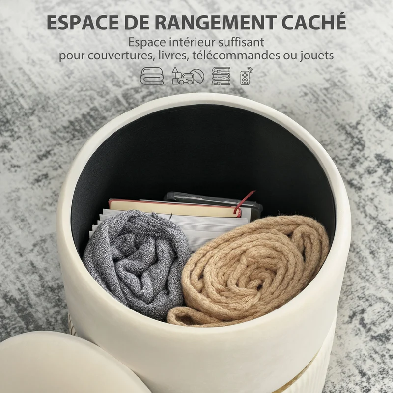 Pouf coffre rond assise d'appoint repose-pieds 36 x 36 x 44 cm rangement pratique moderne contemporain en velours beige 21_0002929