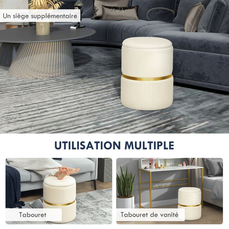 Pouf coffre rond assise d'appoint repose-pieds 36 x 36 x 44 cm rangement pratique moderne contemporain en velours beige 21_0002929