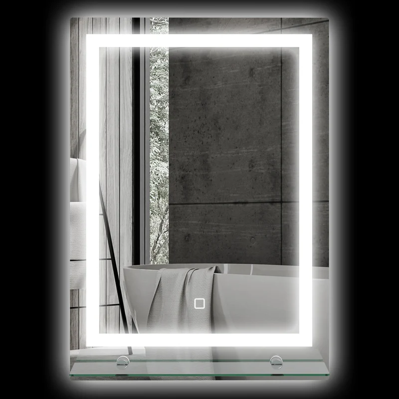 Miroir lumineux mural salle de bain 50 x 12 x 70 cm étagère intégrée interrupteur tactile épuré en verre trempé argenté 21_0001850