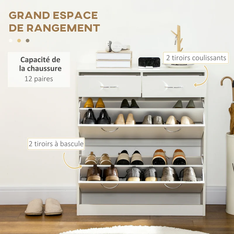 Meuble à chaussures entrée 80 x 30 x 91,5 cm rangement modulable 2 tiroirs contemporain en panneau de particules blanc 21_0002658