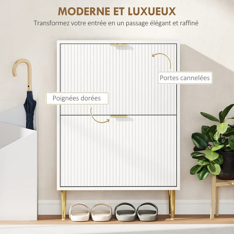 Meuble à chaussures d'entrée 60 x 24 x 91,5 cm 6-12 paires étagères réglables portes cannelées moderne en MDF blanc 21_0002762