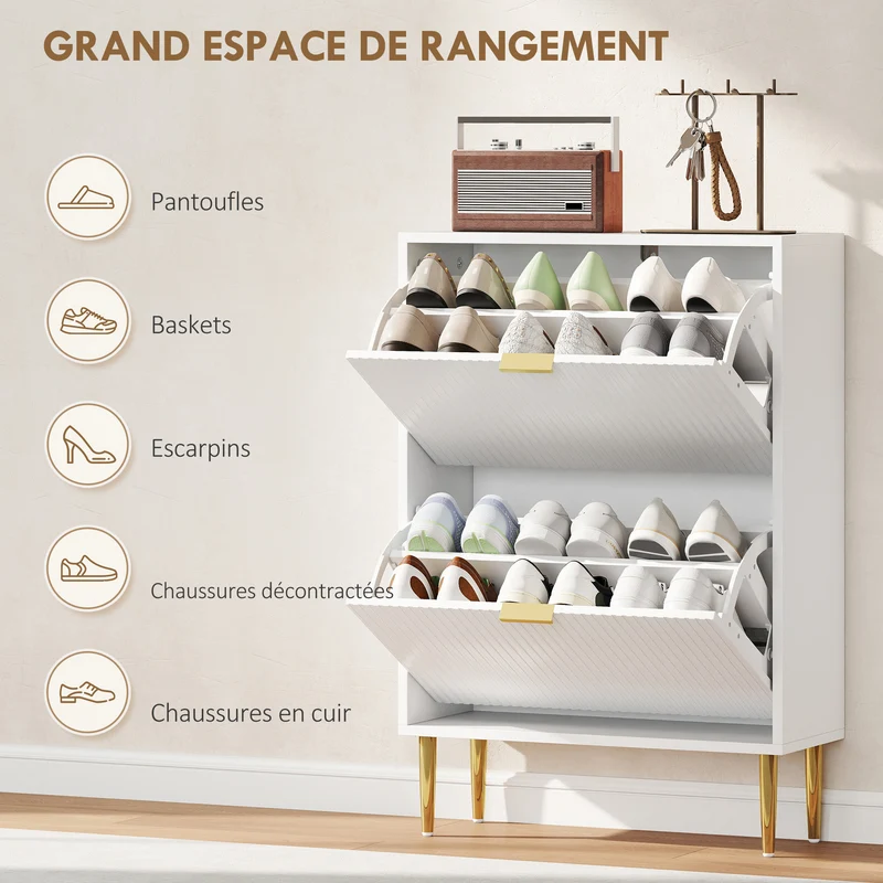 Meuble à chaussures d'entrée 60 x 24 x 91,5 cm 6-12 paires étagères réglables portes cannelées moderne en MDF blanc 21_0002762