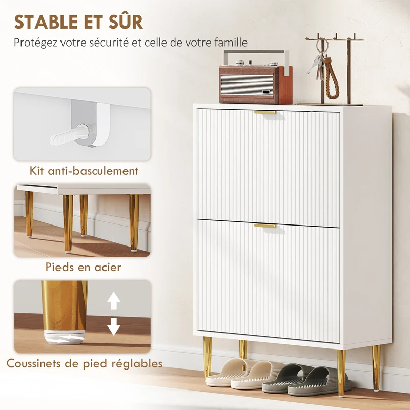 Meuble à chaussures d'entrée 60 x 24 x 91,5 cm 6-12 paires étagères réglables portes cannelées moderne en MDF blanc 21_0002762