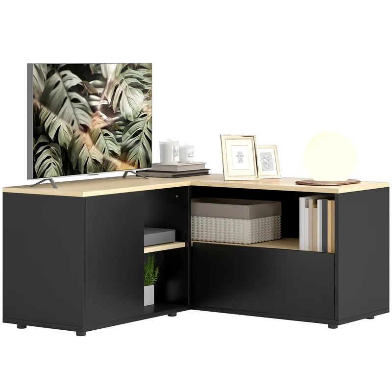 Meuble télévision d'angle 90 x 90 x 45 cm gain de place rangements scandinave moderne en panneaux de particules chêne 21_0003124