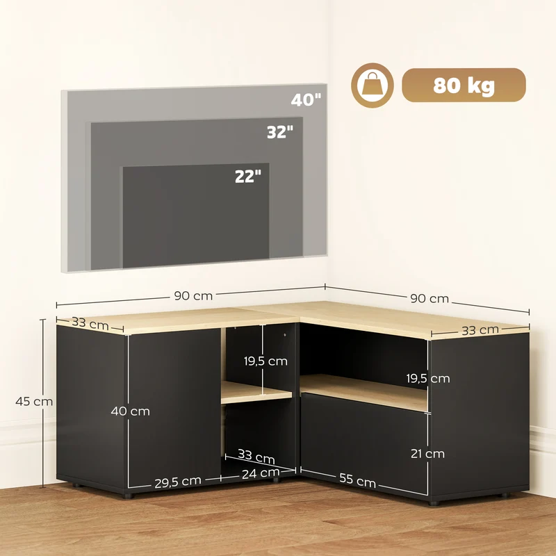 Meuble télévision d'angle 90 x 90 x 45 cm gain de place rangements scandinave moderne en panneaux de particules chêne 21_0003124