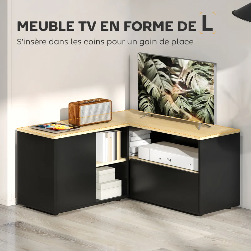 Meuble télévision d'angle 90 x 90 x 45 cm gain de place rangements scandinave moderne en panneaux de particules chêne 21_0003124