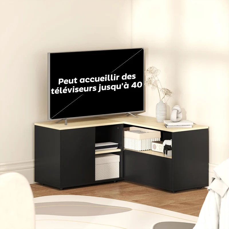 Meuble télévision d'angle 90 x 90 x 45 cm gain de place rangements scandinave moderne en panneaux de particules chêne 21_0003124