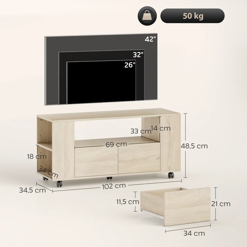 Meuble tv à roulettes 102 x 34,5 x 48,5 cm 2 tiroirs 5 étagères réglables moderne cosy en panneau de particules naturel 21_0003592