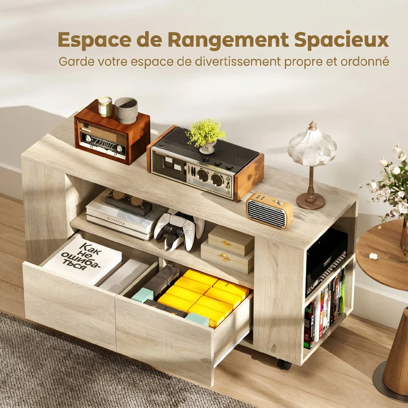 Meuble tv à roulettes 102 x 34,5 x 48,5 cm 2 tiroirs 5 étagères réglables moderne cosy en panneau de particules naturel 21_0003592