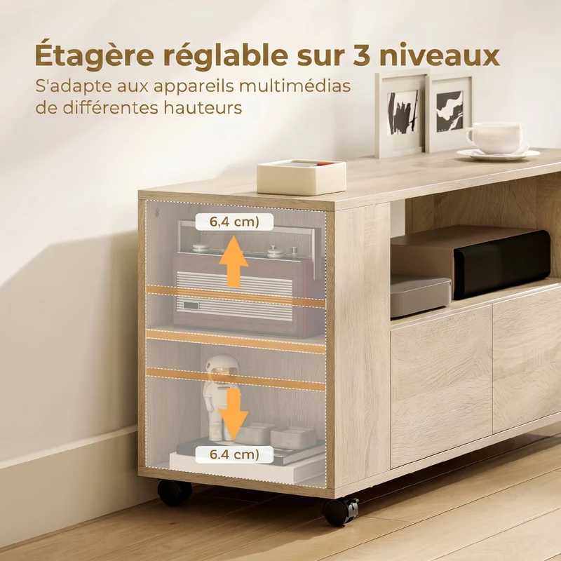Meuble tv à roulettes 102 x 34,5 x 48,5 cm 2 tiroirs 5 étagères réglables moderne cosy en panneau de particules naturel 21_0003592