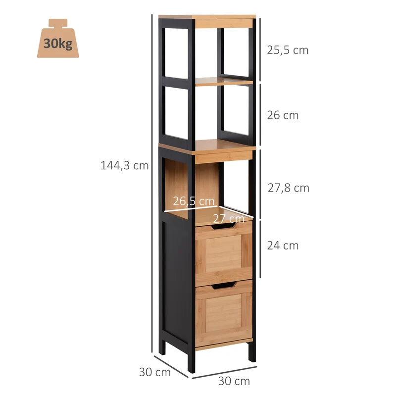 Meuble colonne rangement salle de bain 30 x 30 x 144 cm 3 étagères 2 tiroirs compact design tendance en bambou marron 21_0001858