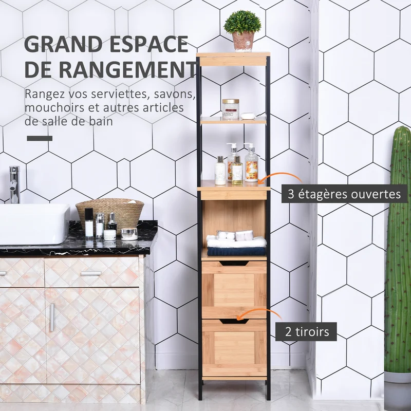 Meuble colonne rangement salle de bain 30 x 30 x 144 cm 3 étagères 2 tiroirs compact design tendance en bambou marron 21_0001858