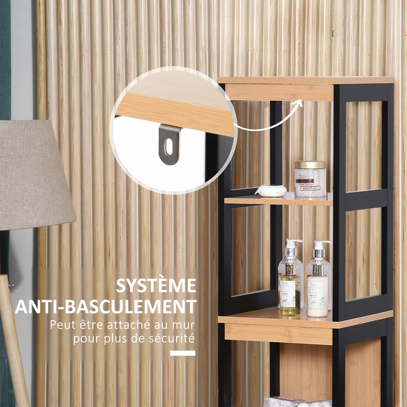 Meuble colonne rangement salle de bain 30 x 30 x 144 cm 3 étagères 2 tiroirs compact design tendance en bambou marron 21_0001858