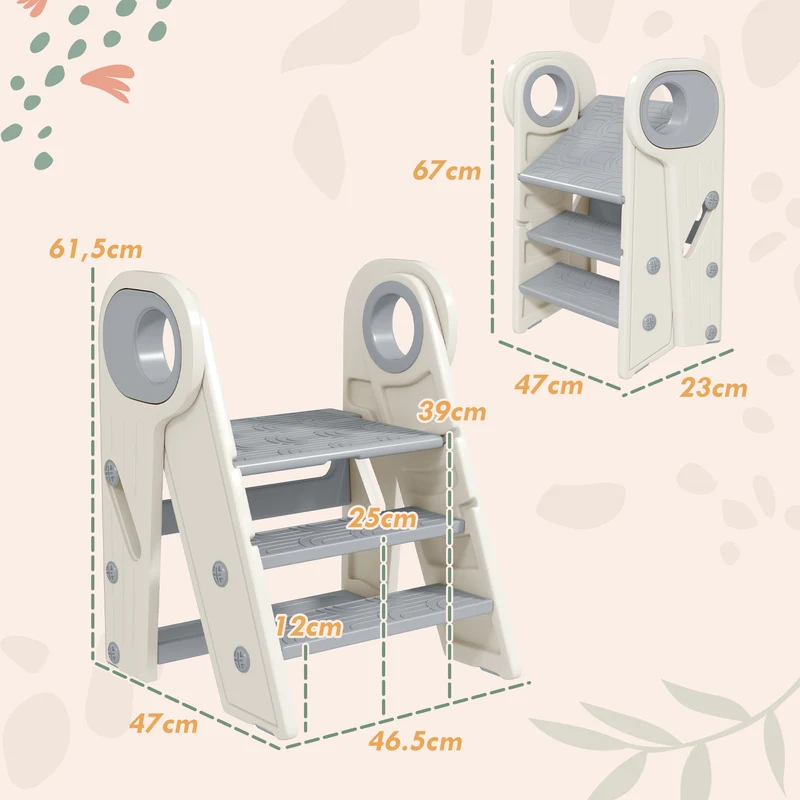 Marche pied pour enfant pliable réglable 2-3 marches 46,5 x 47 x 61,5 cm antidérapant compact moderne en plastique gris 21_0000263