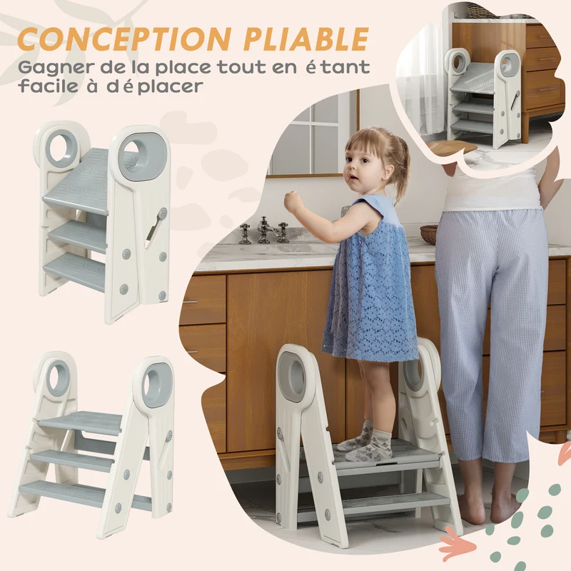 Marche pied pour enfant pliable réglable 2-3 marches 46,5 x 47 x 61,5 cm antidérapant compact moderne en plastique gris 21_0000263