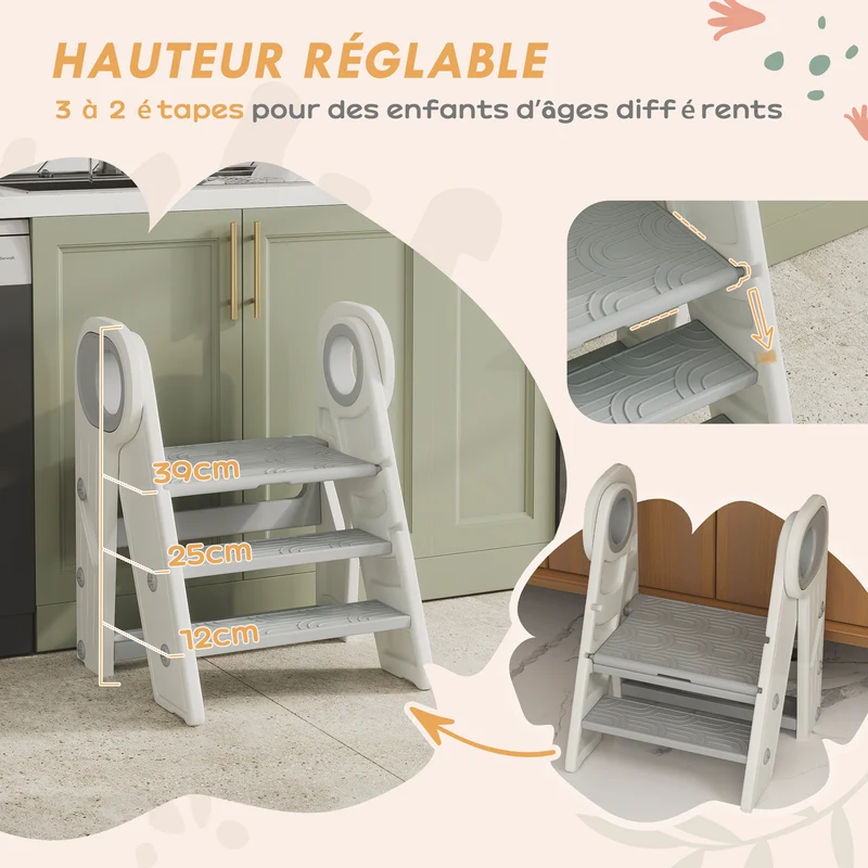 Marche pied pour enfant pliable réglable 2-3 marches 46,5 x 47 x 61,5 cm antidérapant compact moderne en plastique gris 21_0000263