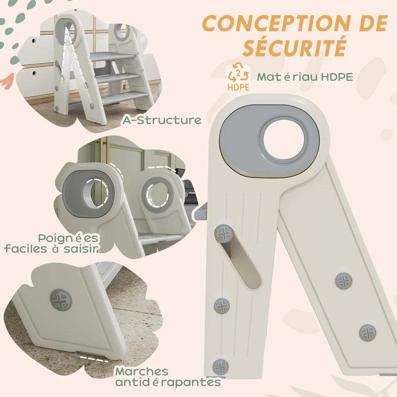 Marche pied pour enfant pliable réglable 2-3 marches 46,5 x 47 x 61,5 cm antidérapant compact moderne en plastique gris 21_0000263