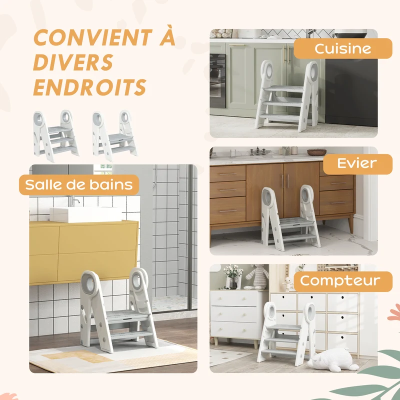 Marche pied pour enfant pliable réglable 2-3 marches 46,5 x 47 x 61,5 cm antidérapant compact moderne en plastique gris 21_0000263