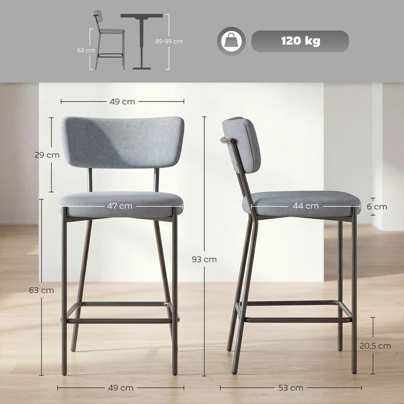 Lot de 2 tabourets de bar assise rembourrée repose-pieds 49 x 53 x 93 cm moderne scandinave en polyester gris clair 21_0003369
