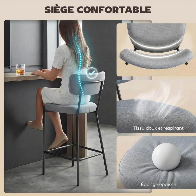 Lot de 2 tabourets de bar assise rembourrée repose-pieds 49 x 53 x 93 cm moderne scandinave en polyester gris clair 21_0003369