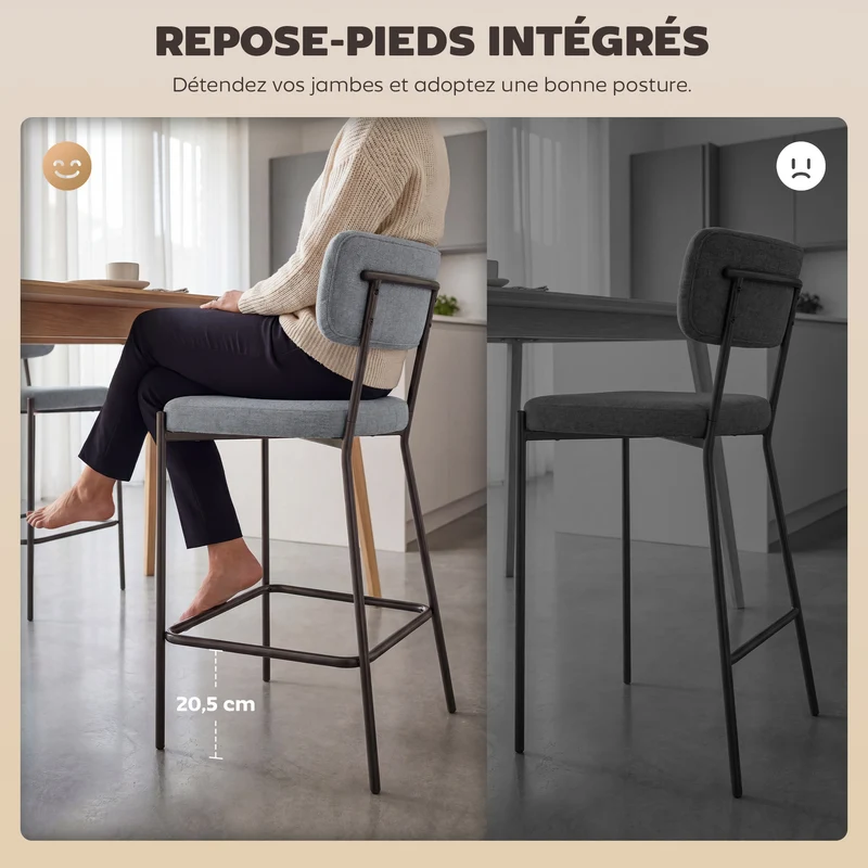 Lot de 2 tabourets de bar assise rembourrée repose-pieds 49 x 53 x 93 cm moderne scandinave en polyester gris clair 21_0003369