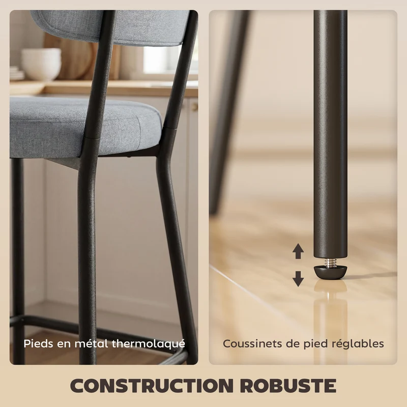 Lot de 2 tabourets de bar assise rembourrée repose-pieds 49 x 53 x 93 cm moderne scandinave en polyester gris clair 21_0003369