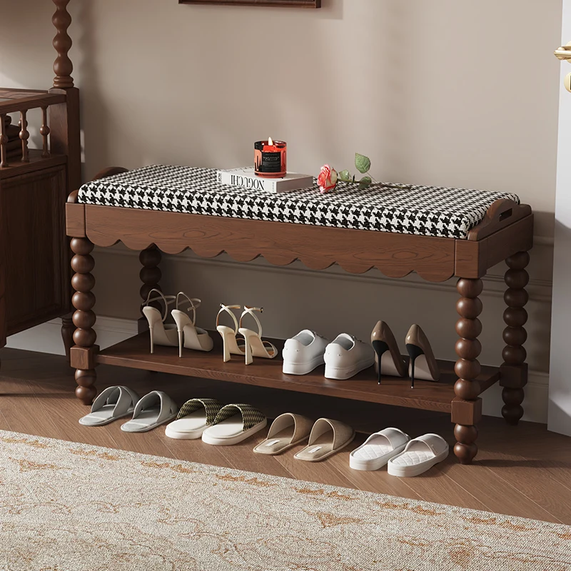Traditional French Solid Wood Fabric Rectangular Shoe Bench Turned Legs With 2-Tier Storage For Entryway