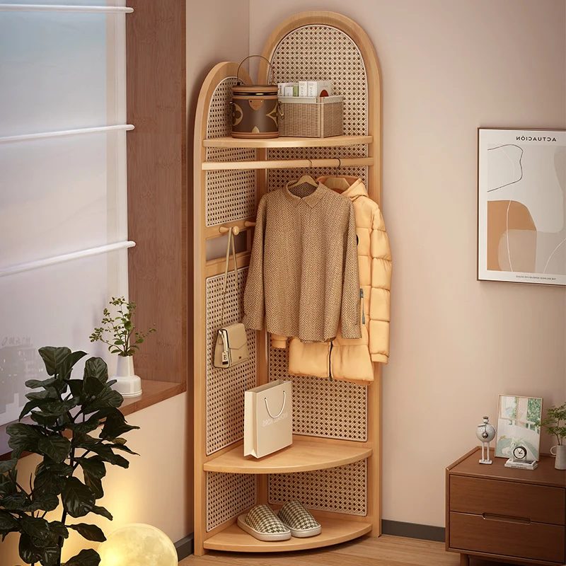Traditional Japanese Fan-shaped Nan Bamboo Plastic Rattan Weaving Clothes Hanger Corner Shelf Unit 3-Tier For Living Room