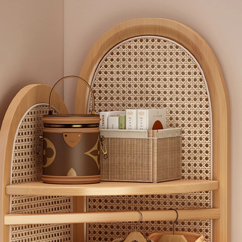 Traditional Japanese Fan-shaped Nan Bamboo Plastic Rattan Weaving Clothes Hanger Corner Shelf Unit 3-Tier For Living Room