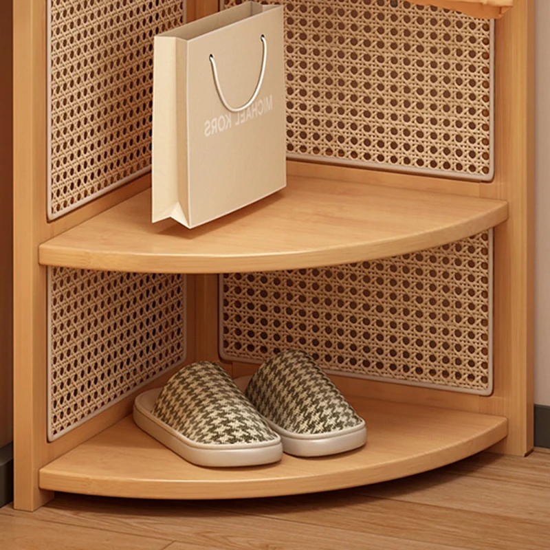 Traditional Japanese Fan-shaped Nan Bamboo Plastic Rattan Weaving Clothes Hanger Corner Shelf Unit 3-Tier For Living Room