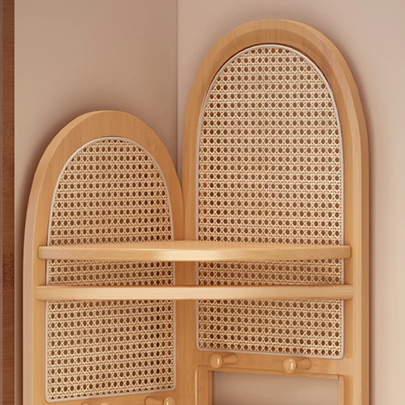 Traditional Japanese Fan-shaped Nan Bamboo Plastic Rattan Weaving Clothes Hanger Corner Shelf Unit 3-Tier For Living Room