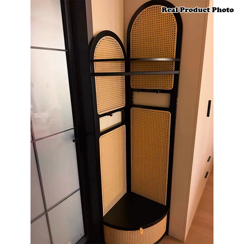 Traditional Japanese Fan-shaped Nan Bamboo Plastic Rattan Weaving Clothes Hanger Corner Shelf Unit 3-Tier For Living Room