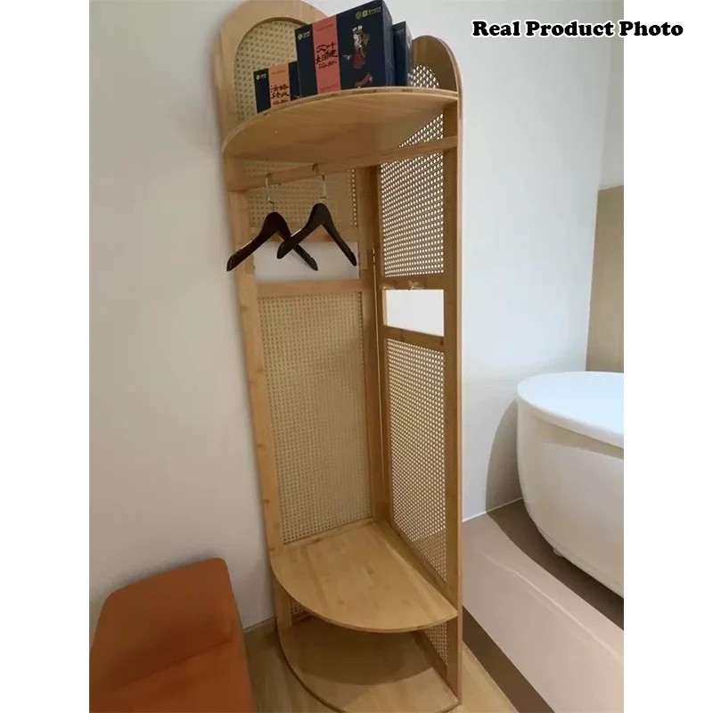 Traditional Japanese Fan-shaped Nan Bamboo Plastic Rattan Weaving Clothes Hanger Corner Shelf Unit 3-Tier For Living Room