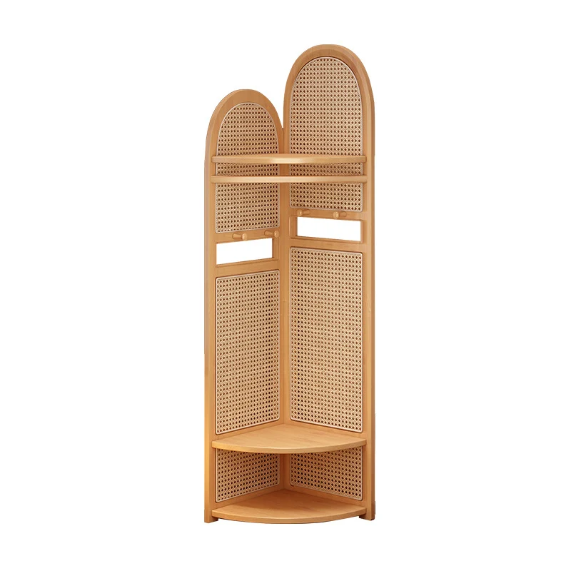 Traditional Japanese Fan-shaped Nan Bamboo Plastic Rattan Weaving Clothes Hanger Corner Shelf Unit 3-Tier For Living Room