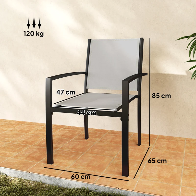 Lot de 2 chaises de jardin empilables 60 x 65 x 85 cm assise douce accoudoirs design contemporain en acier gris clair 21_0005317