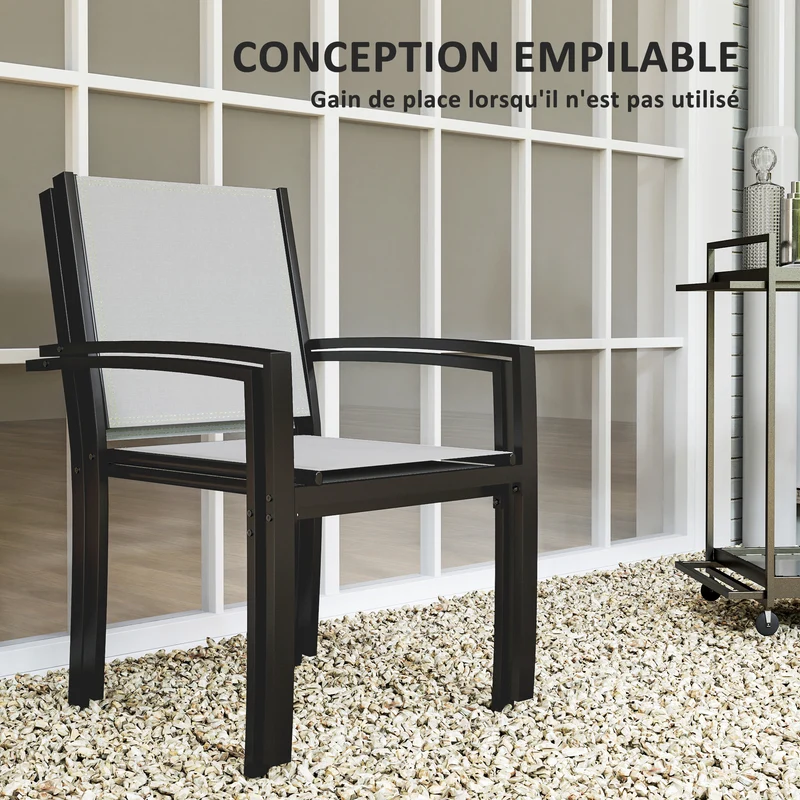 Lot de 2 chaises de jardin empilables 60 x 65 x 85 cm assise douce accoudoirs design contemporain en acier gris clair 21_0005317