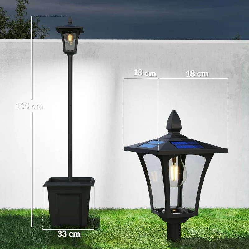 Lampadaire solaire jardin avec jardinière 33 x 33 x 160 cm éclairage automatique stable étanche vintage en aluminium noir 21_0006997