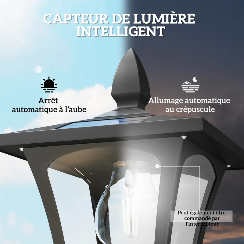 Lampadaire solaire jardin avec jardinière 33 x 33 x 160 cm éclairage automatique stable étanche vintage en aluminium noir 21_0006997